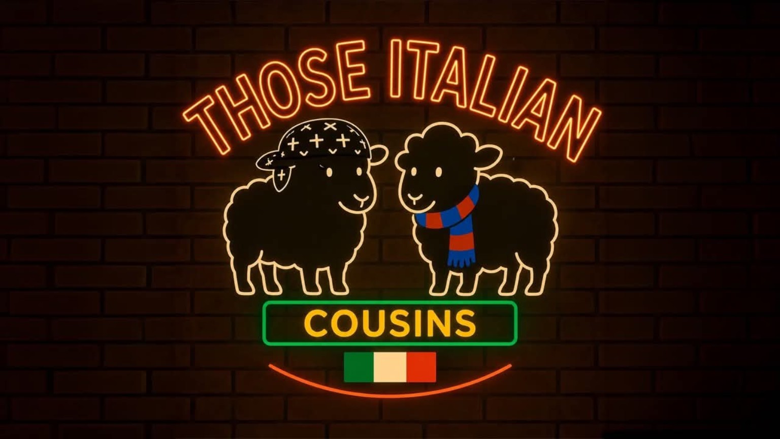 Original Those Italian Cousins neon logo with two sheep